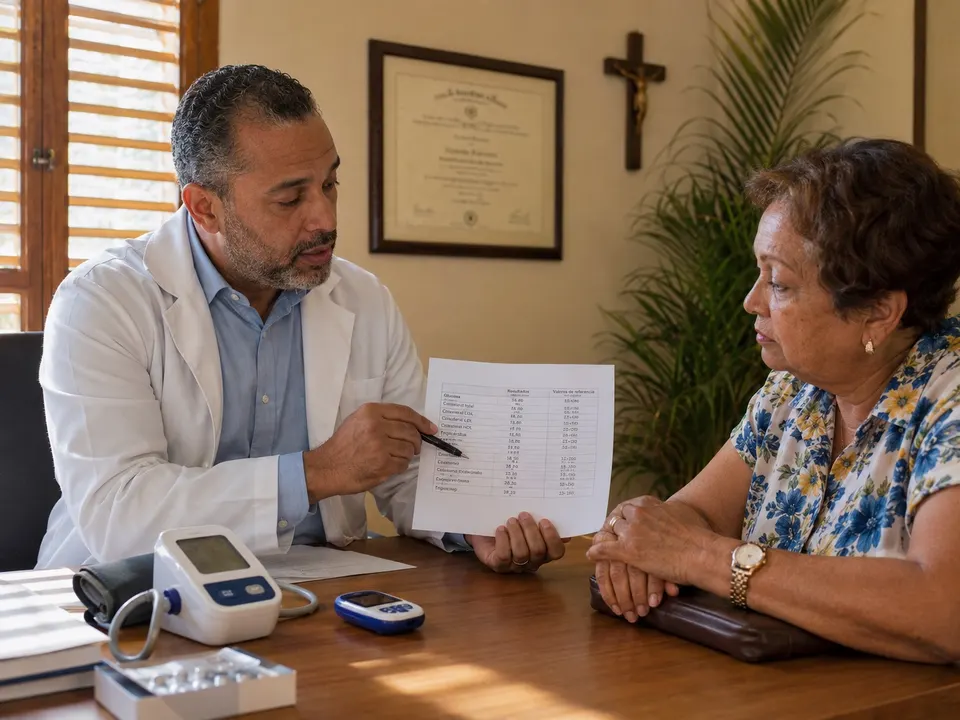 Médico conversando con una paciente mientras revisan información de salud